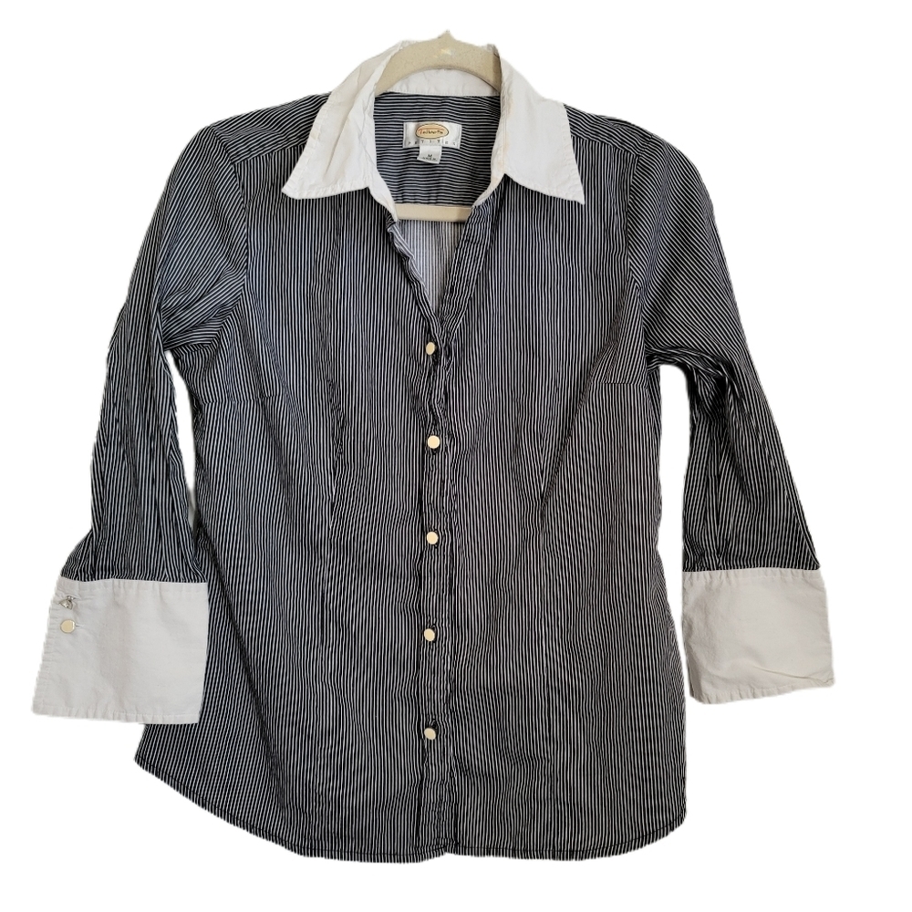 Talbots Top M Medium Stripe Button Up Black 3/4 Sleeve - Picture 1 of 8